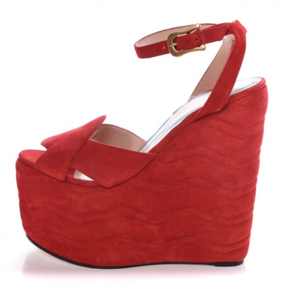 NIB Gucci Sally suede hibiscus red platform wedge heels ankle strap sandals 38 - Picture 15 of 16